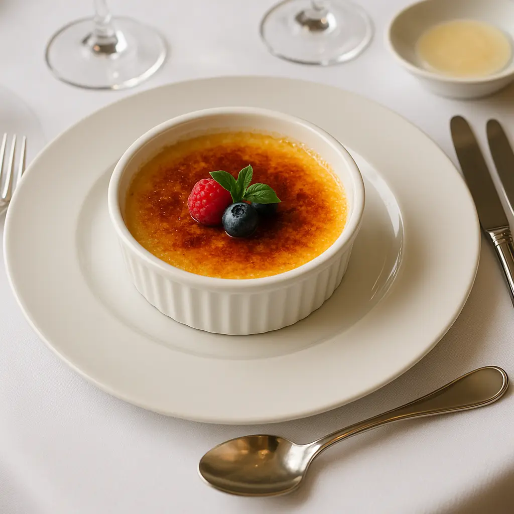 Halal crème brûlée dessert with fresh berries for wedding catering in Kuala Lumpur